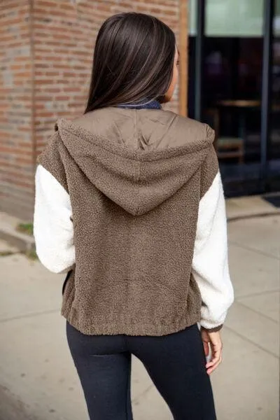 Fuzzy Color Block Zip Up Hooded Teddy Jacket