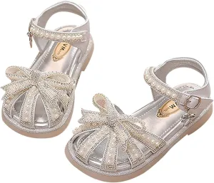 Girls Sandals Leather Soft Closed Toe Cute Flat Dress Sandals Strappy Summer Shoes Toddler/Little Kid/Big Kid (Silver, 3 Big Kids)