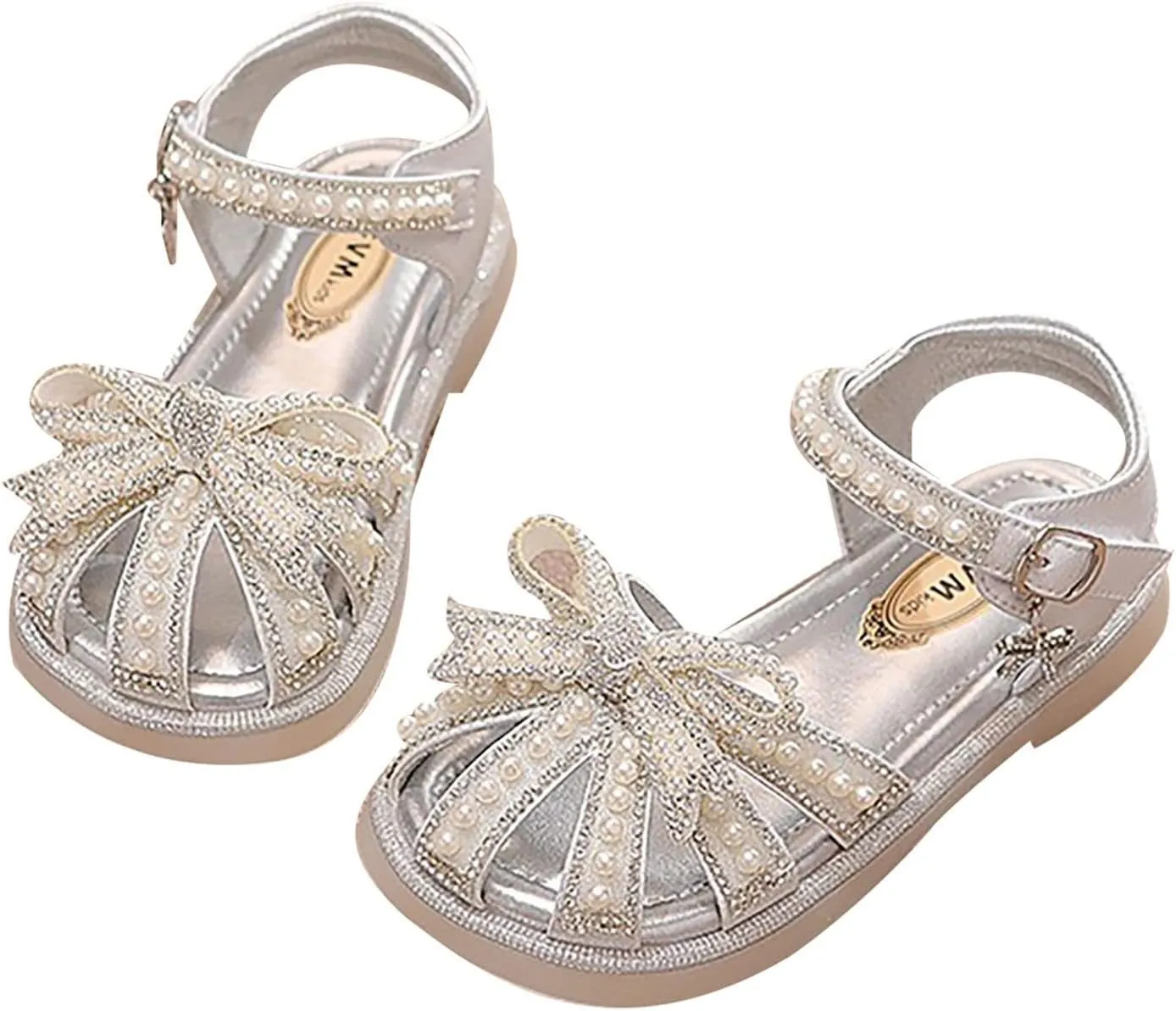 Girls Sandals Leather Soft Closed Toe Cute Flat Dress Sandals Strappy Summer Shoes Toddler/Little Kid/Big Kid (Silver, 3 Big Kids)