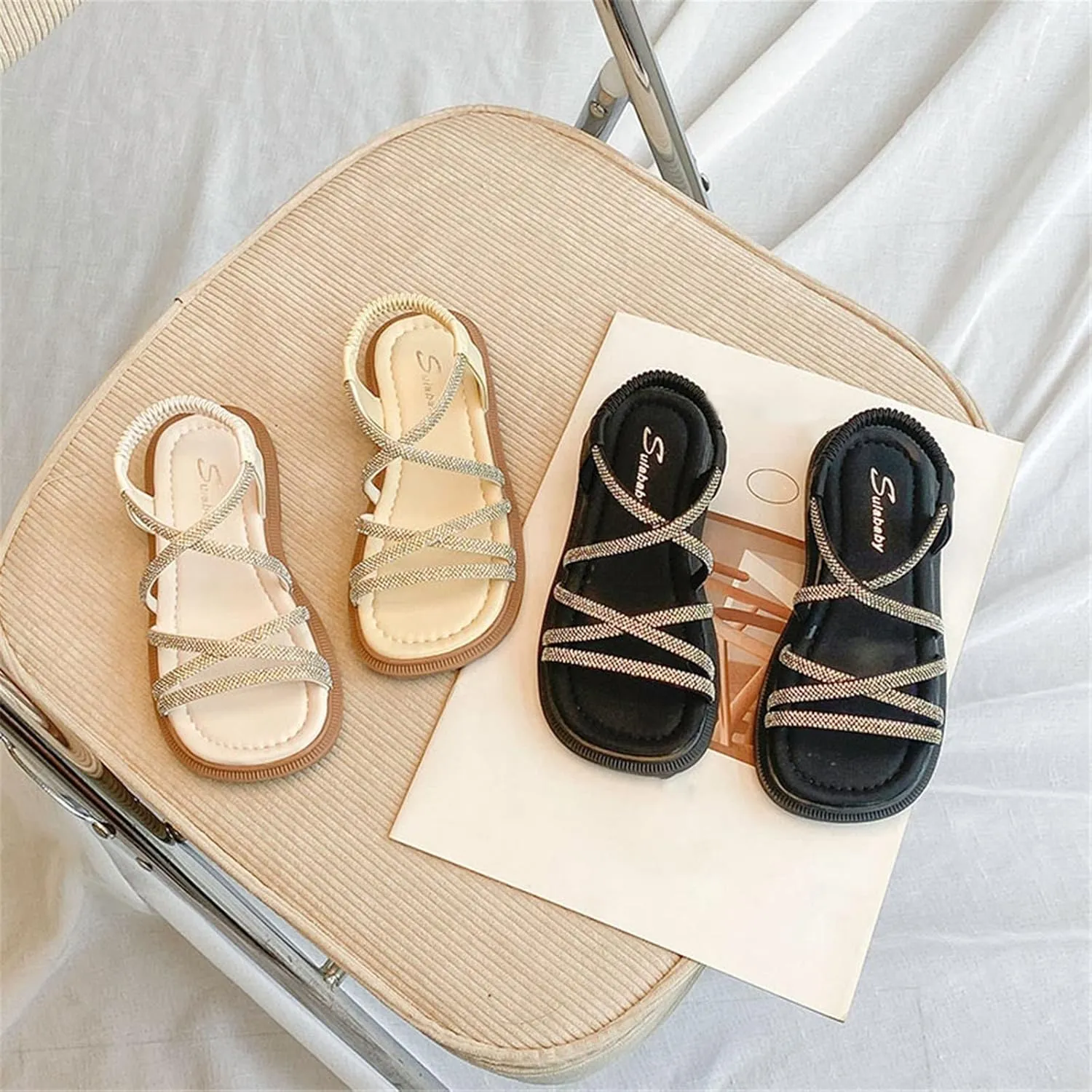 Girls Sandals Open Toe Mesh Rhinestones Design Sandals Flat Sandals Summer Dress Shoes Casual Girls Wedges Size