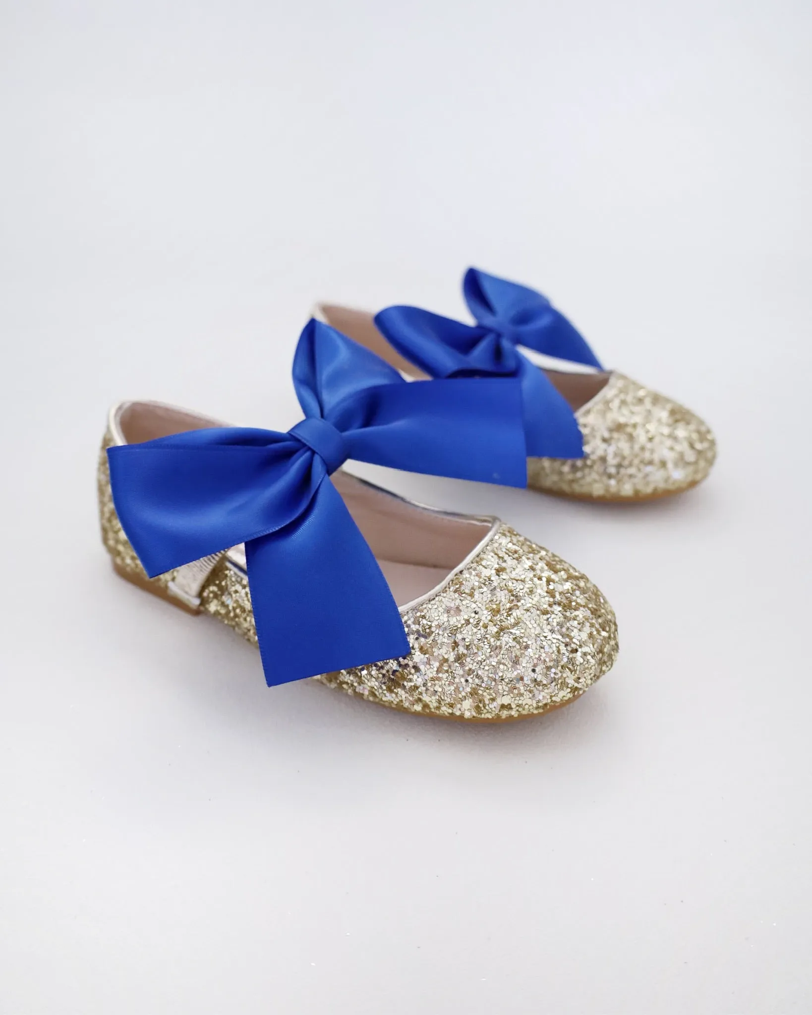 Gold Rock Glitter Mary Jane with Red or Royal Blue Satin Bow