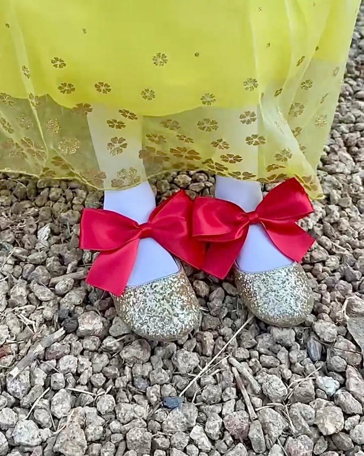 Gold Rock Glitter Mary Jane with Red or Royal Blue Satin Bow