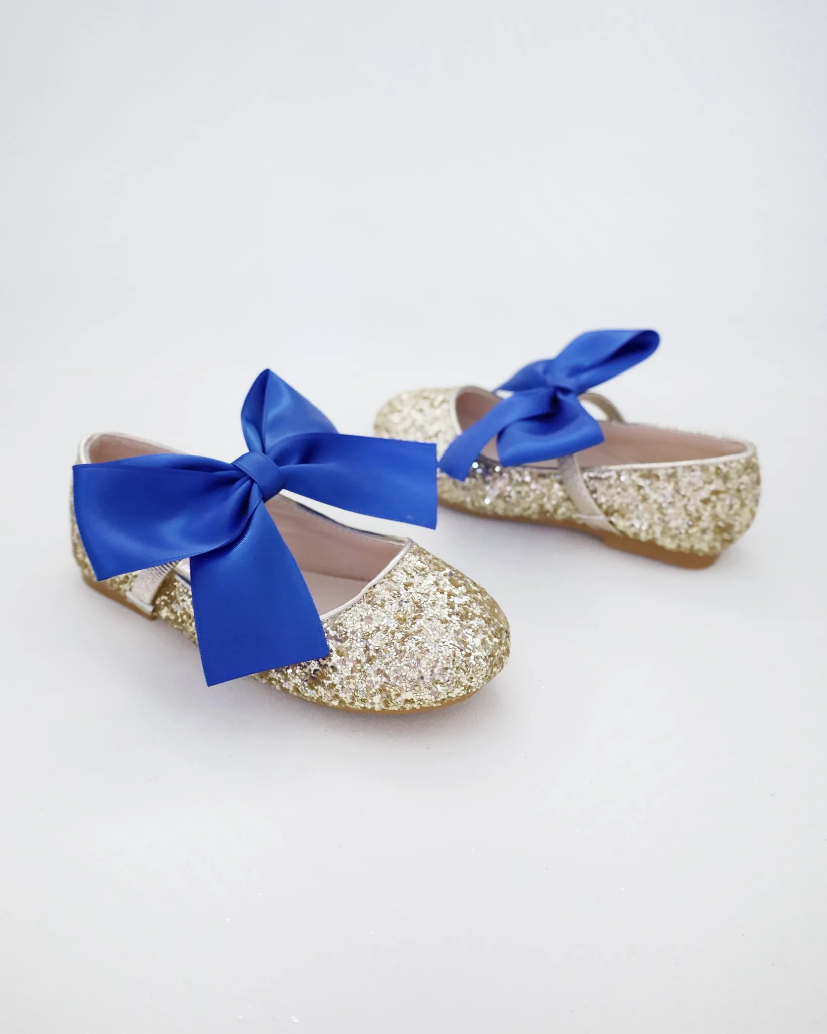 Gold Rock Glitter Mary Jane with Red or Royal Blue Satin Bow