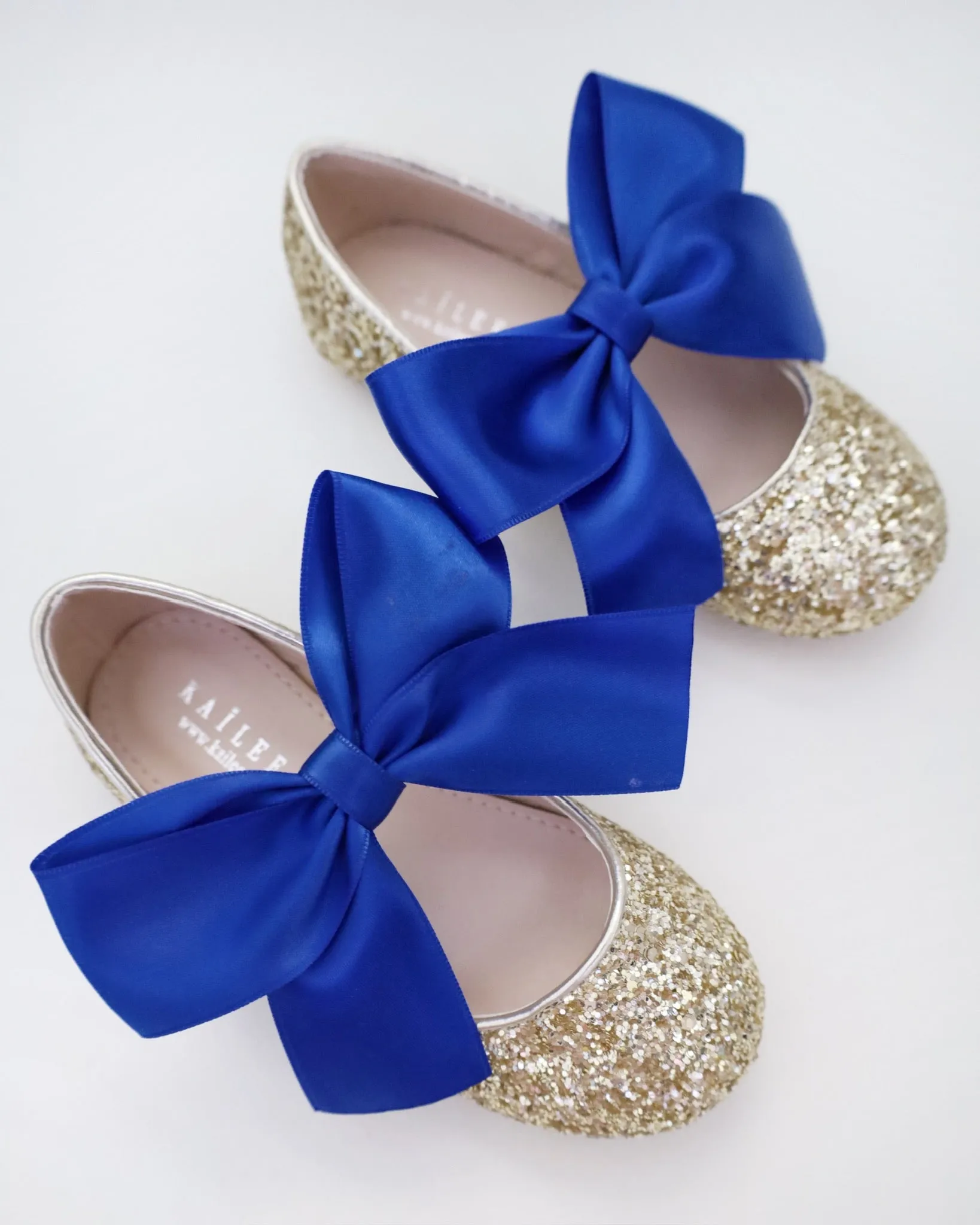 Gold Rock Glitter Mary Jane with Red or Royal Blue Satin Bow