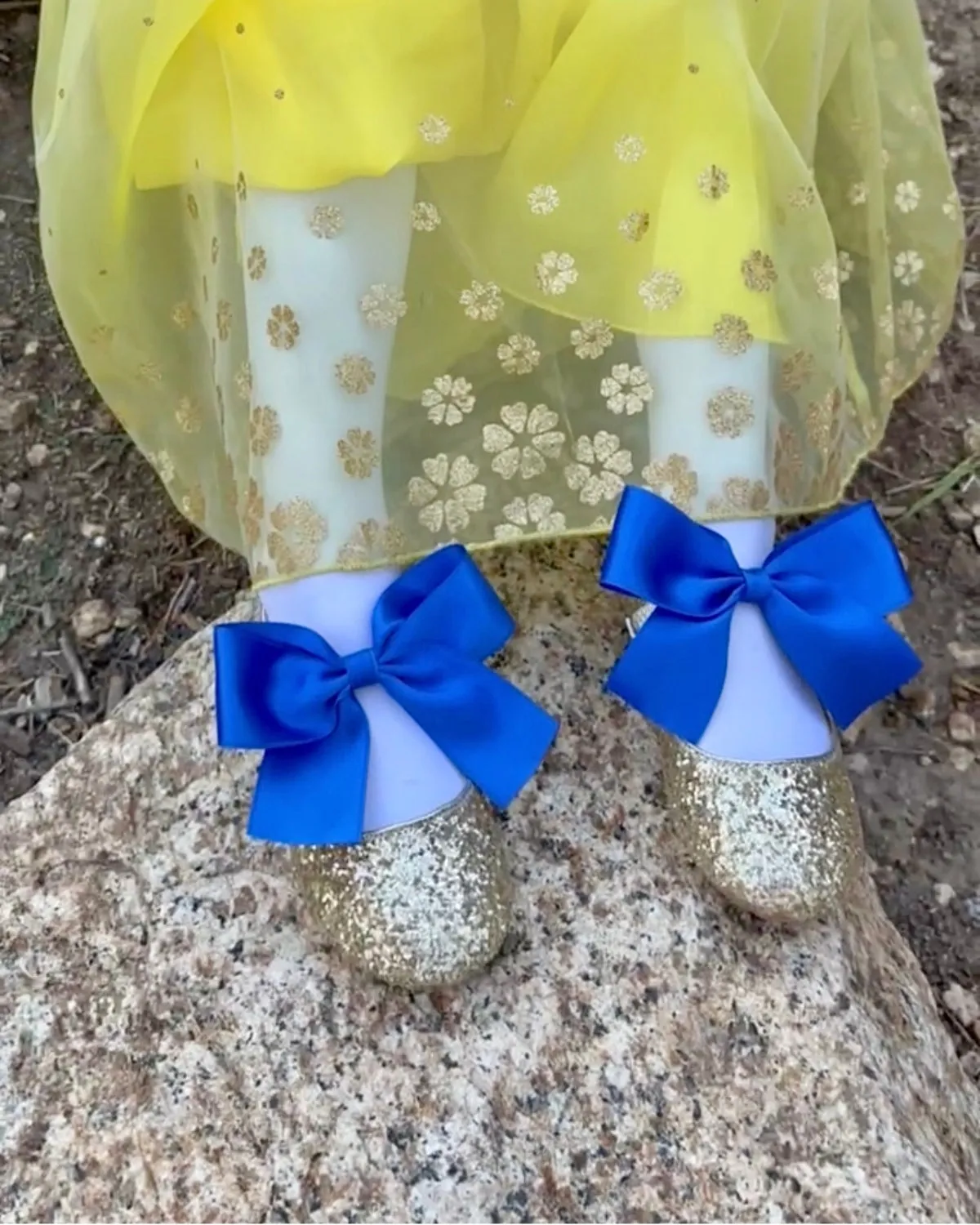 Gold Rock Glitter Mary Jane with Red or Royal Blue Satin Bow