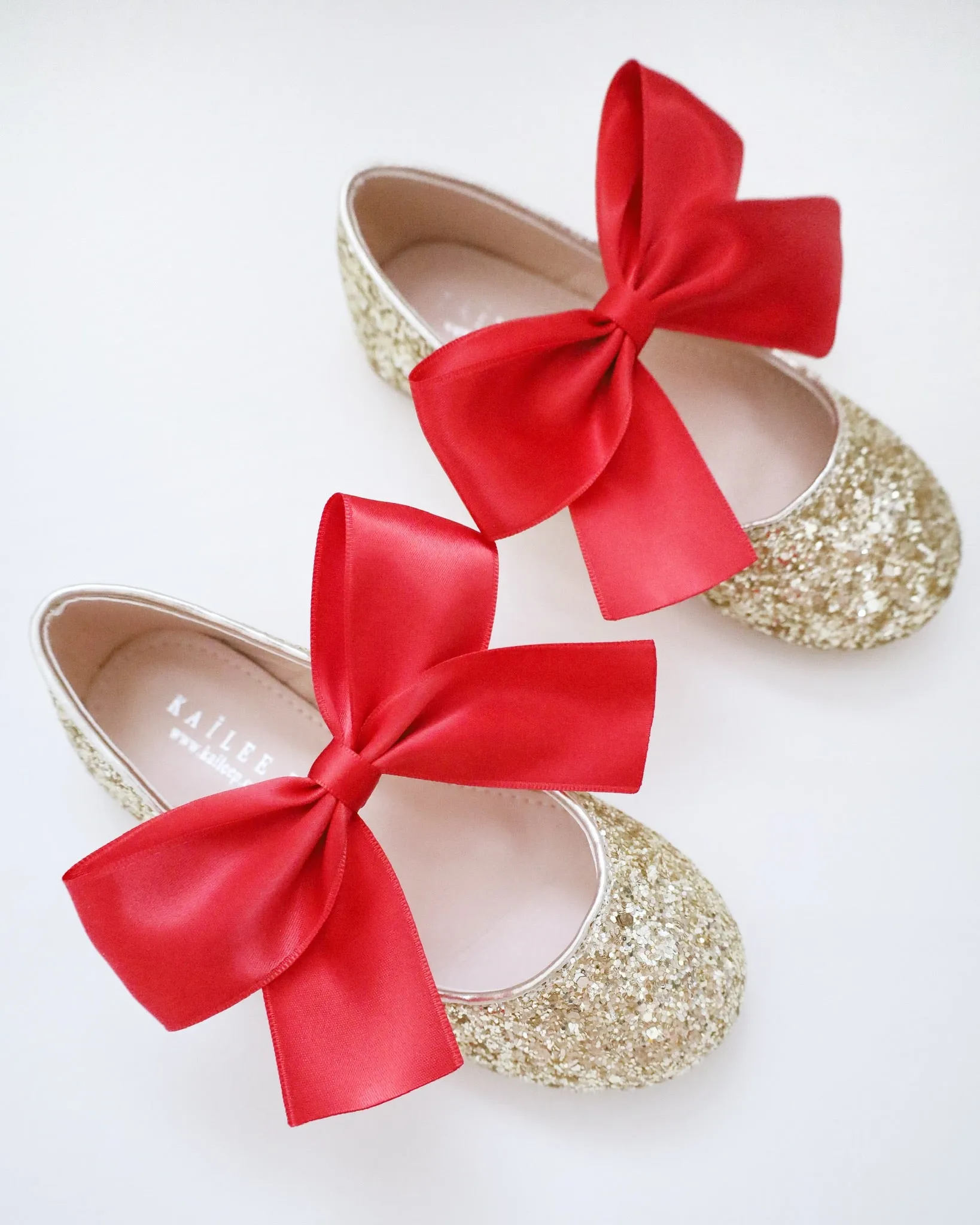 Gold Rock Glitter Mary Jane with Red or Royal Blue Satin Bow