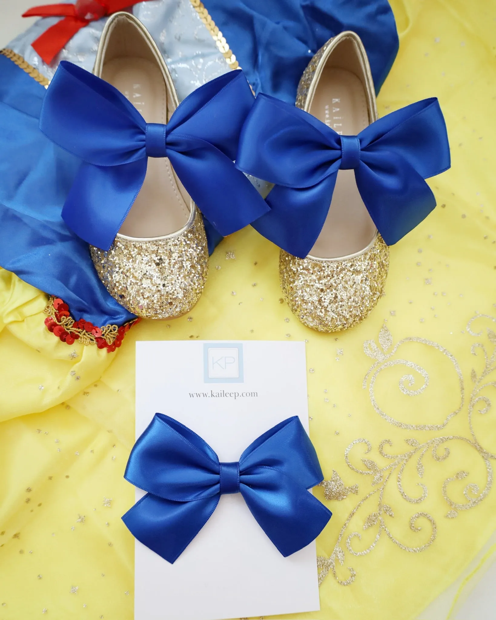 Gold Rock Glitter Mary Jane with Red or Royal Blue Satin Bow