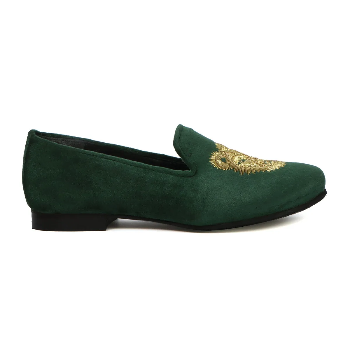 Golden Sleek Lion Zardosi Green Velvet Slip-Ons