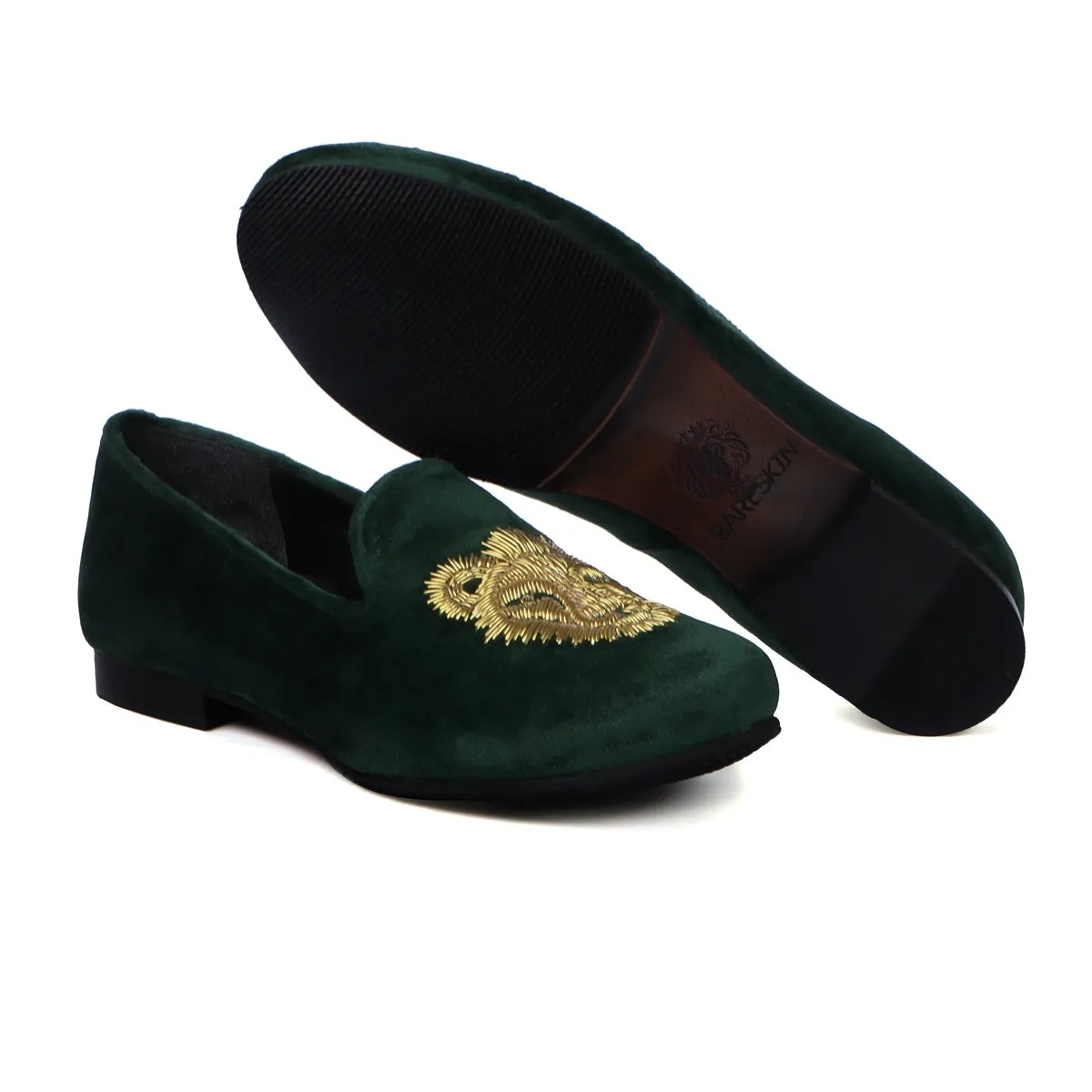 Golden Sleek Lion Zardosi Green Velvet Slip-Ons