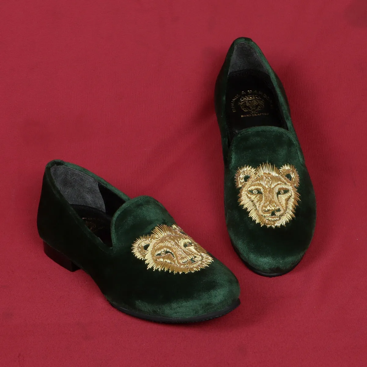 Golden Sleek Lion Zardosi Green Velvet Slip-Ons