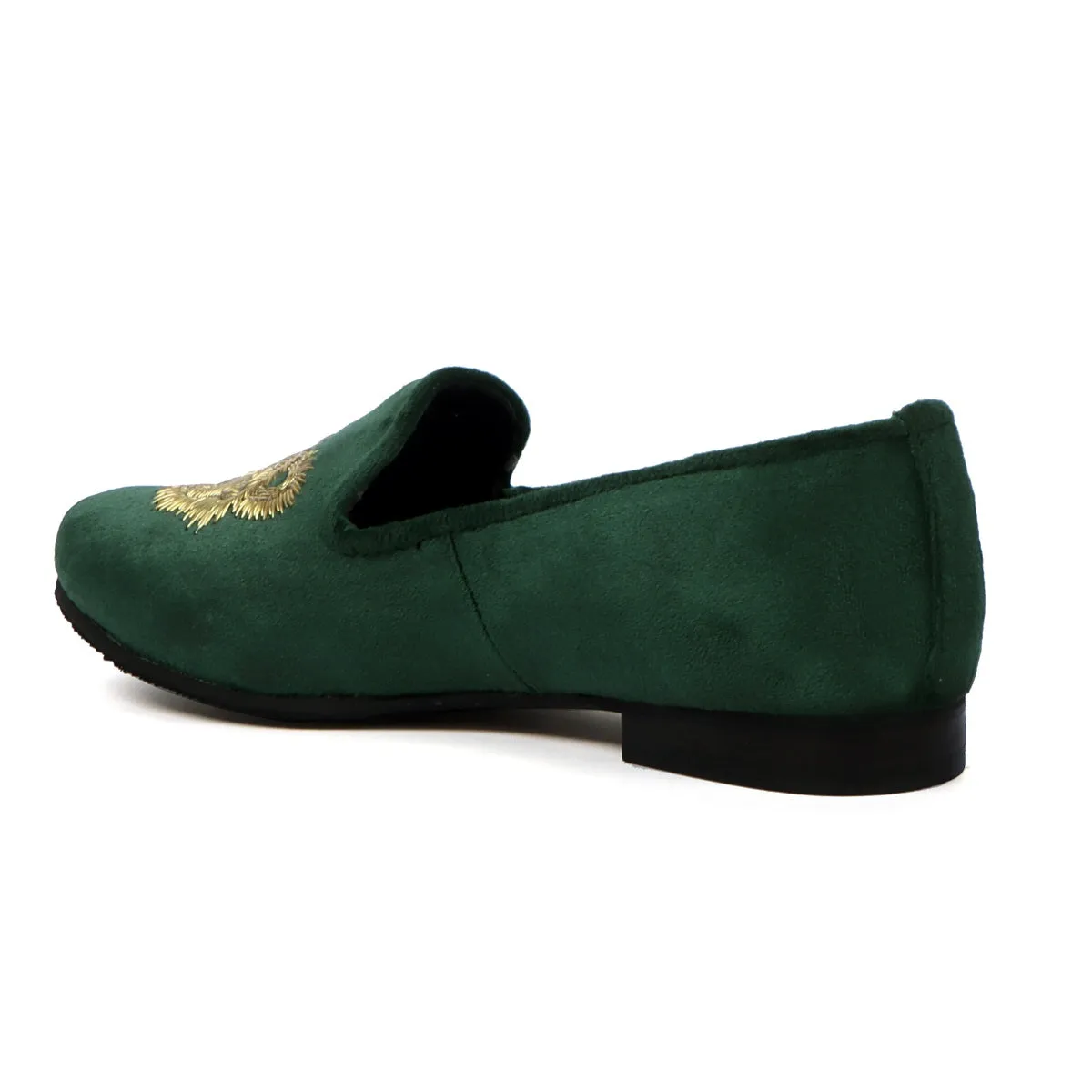 Golden Sleek Lion Zardosi Green Velvet Slip-Ons