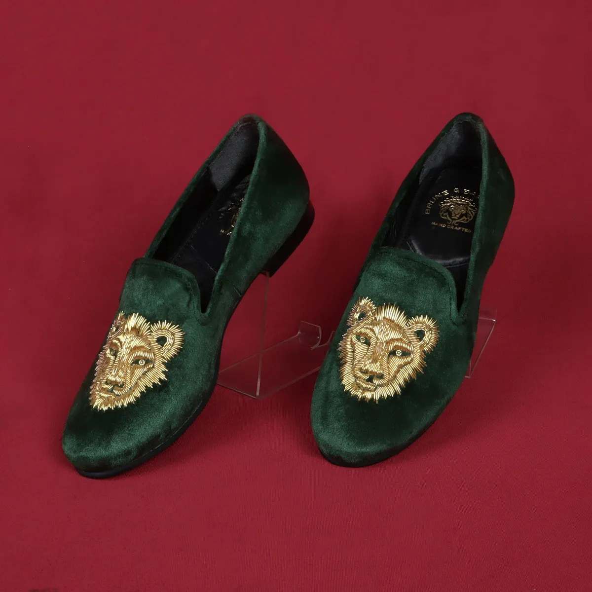 Golden Sleek Lion Zardosi Green Velvet Slip-Ons