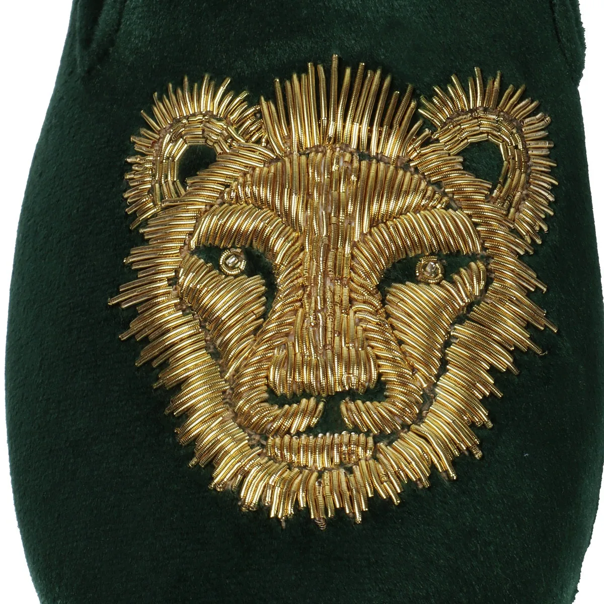 Golden Sleek Lion Zardosi Green Velvet Slip-Ons