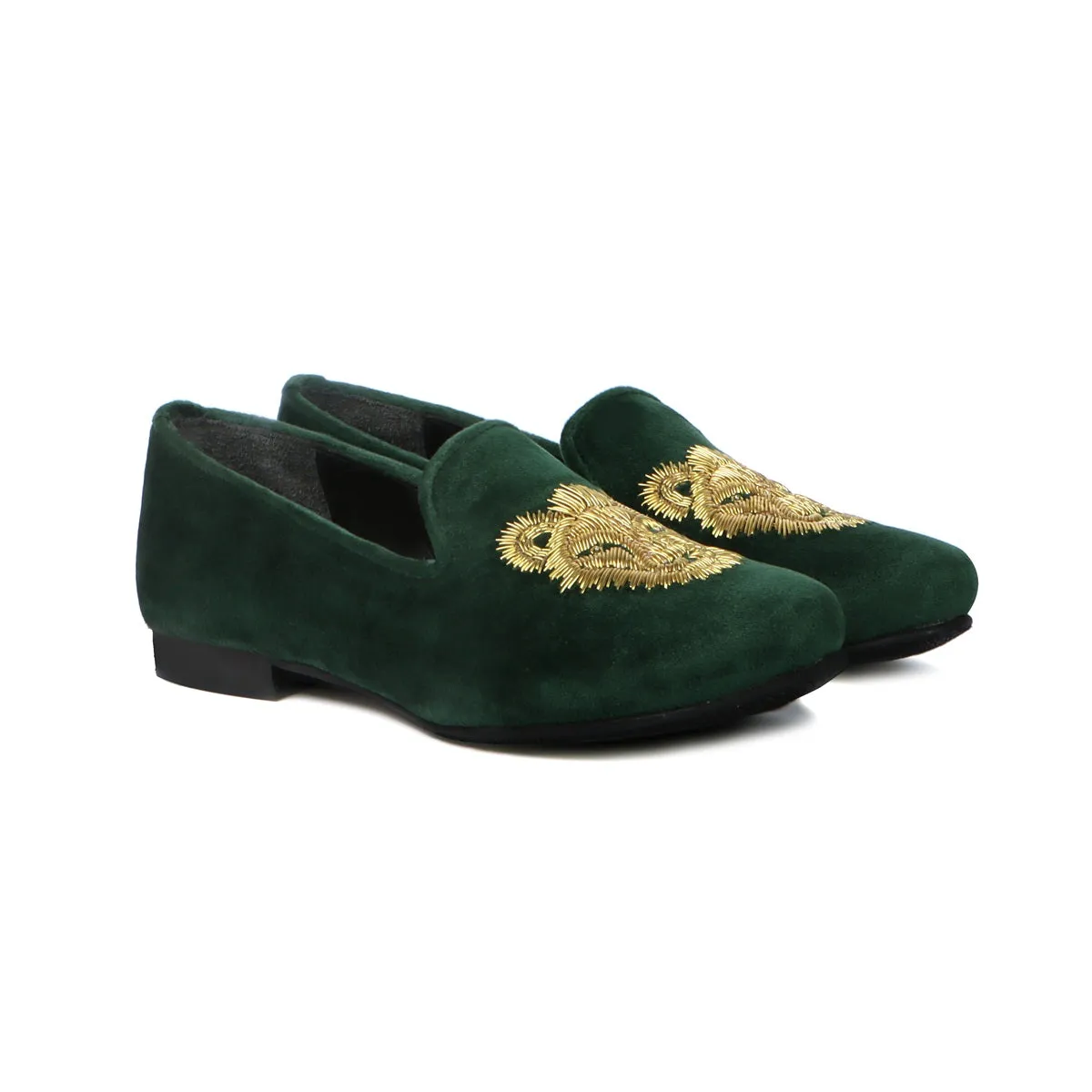 Golden Sleek Lion Zardosi Green Velvet Slip-Ons