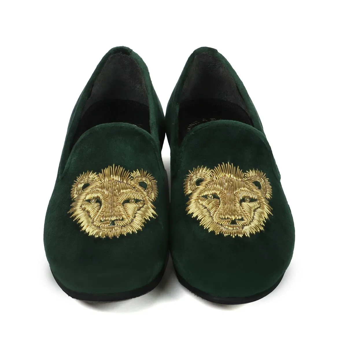 Golden Sleek Lion Zardosi Green Velvet Slip-Ons