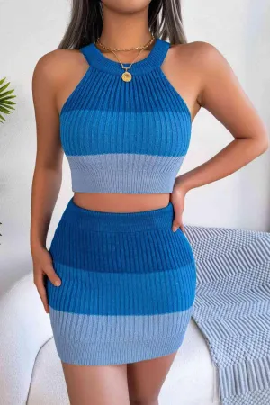 Gradient Striped Knit Crop Top And Skirt Set