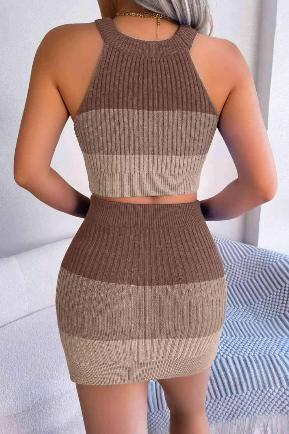 Gradient Striped Knit Crop Top And Skirt Set