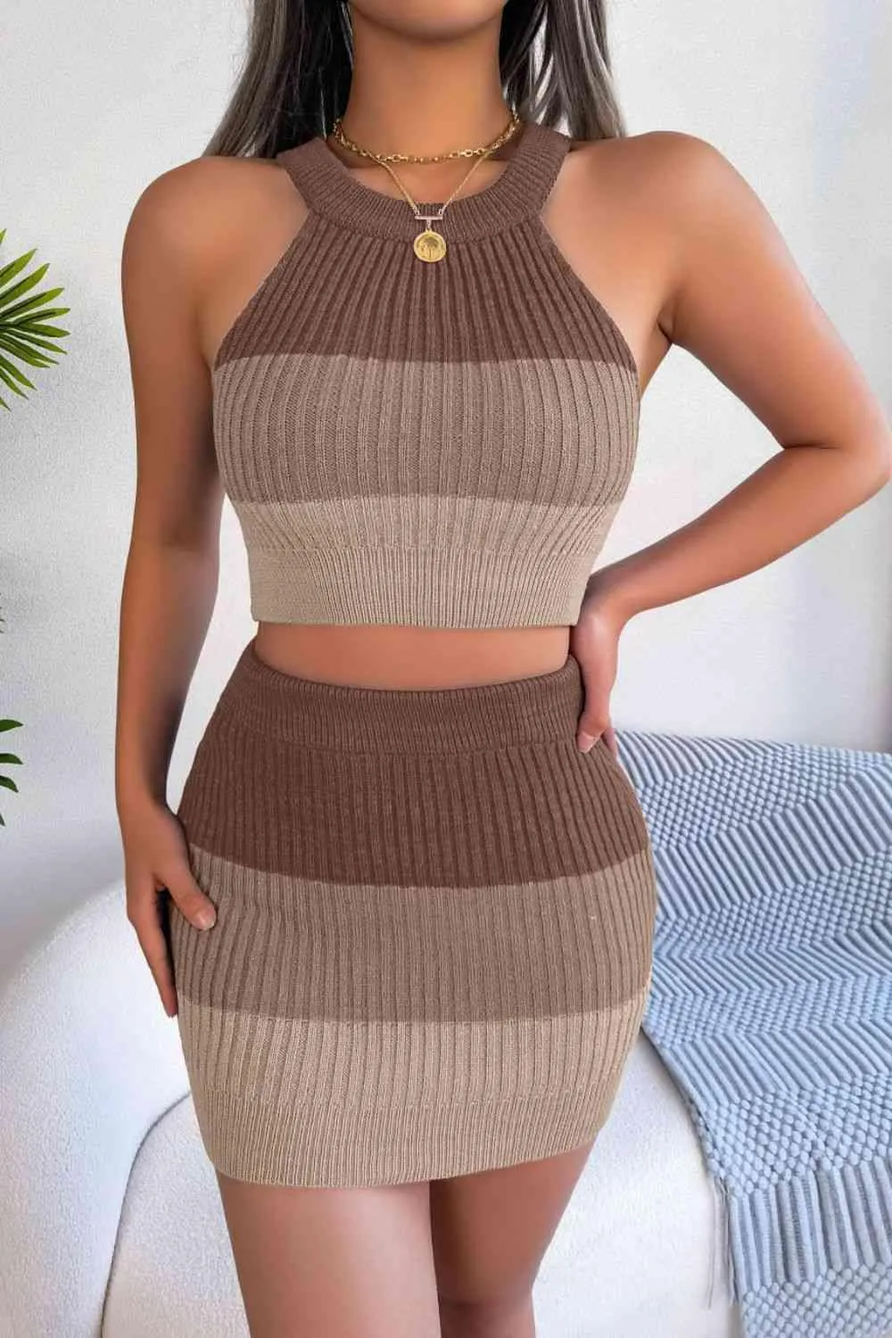 Gradient Striped Knit Crop Top And Skirt Set