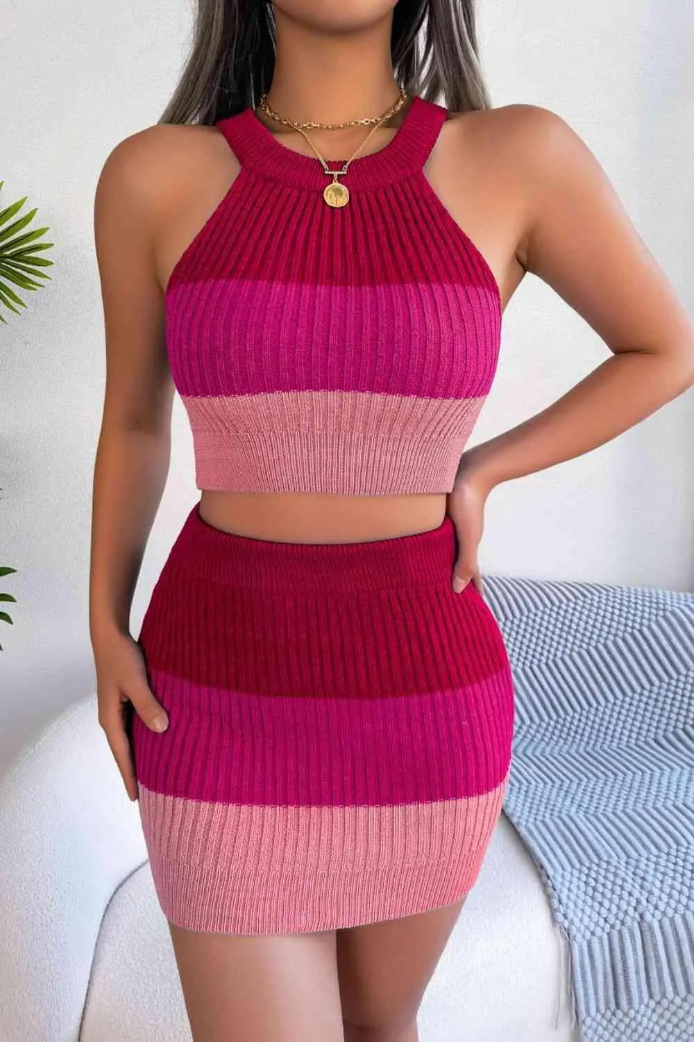 Gradient Striped Knit Crop Top And Skirt Set