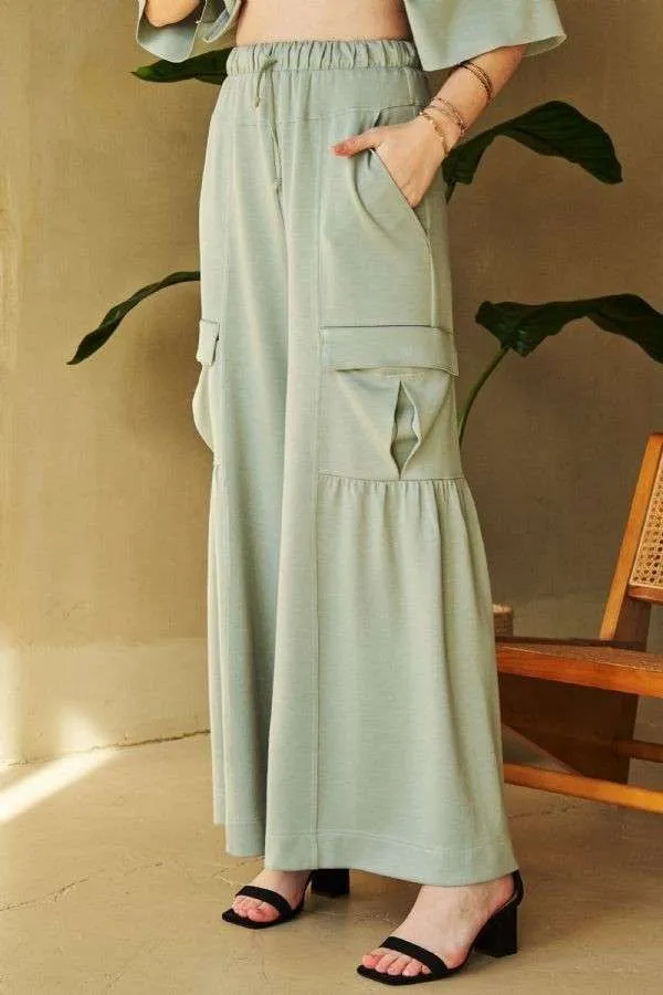 Hazel Blues® |  Davi & Dani Drawstring Ruched Detail Wide Leg Pants