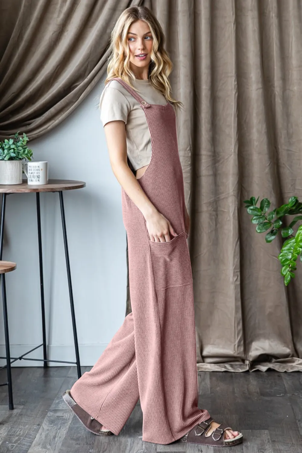Jamie Dusty Rose Ribbed Front Pocket Sleeveless Jumpsuit