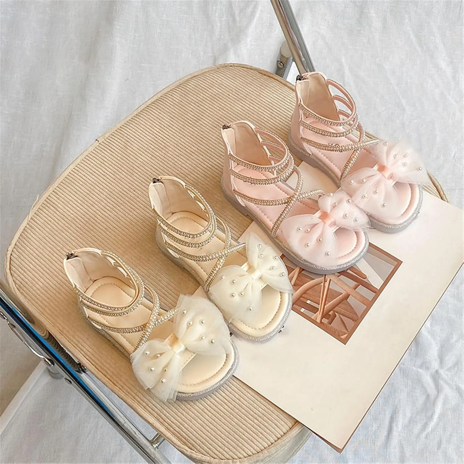 Kids Baby Girls Sandals Fashion Rhinestone Bow Roman Sandals Dress Princess Shoes Little Pink Ballet Shoes Girls (Beige, 3 Big Kids)