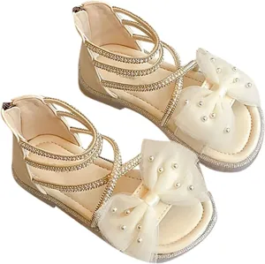 Kids Baby Girls Sandals Fashion Rhinestone Bow Roman Sandals Dress Princess Shoes Little Pink Ballet Shoes Girls (Beige, 3 Big Kids)
