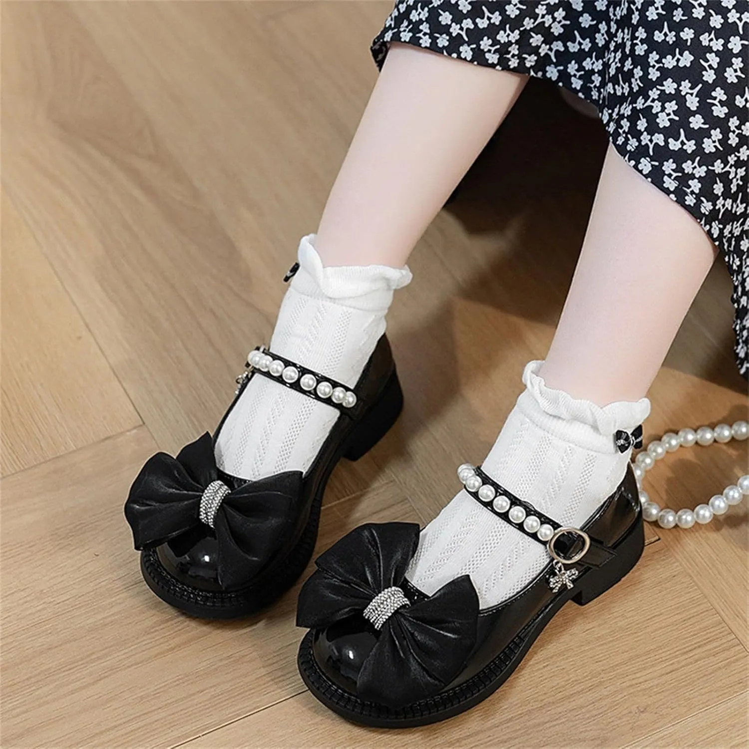 Kids Babygirls Leather Shoes Summer Soft Bottom Pearl Bow with Dress Princess Dressup Play Clothes for Little Girls (Black, 3 Big Kids)