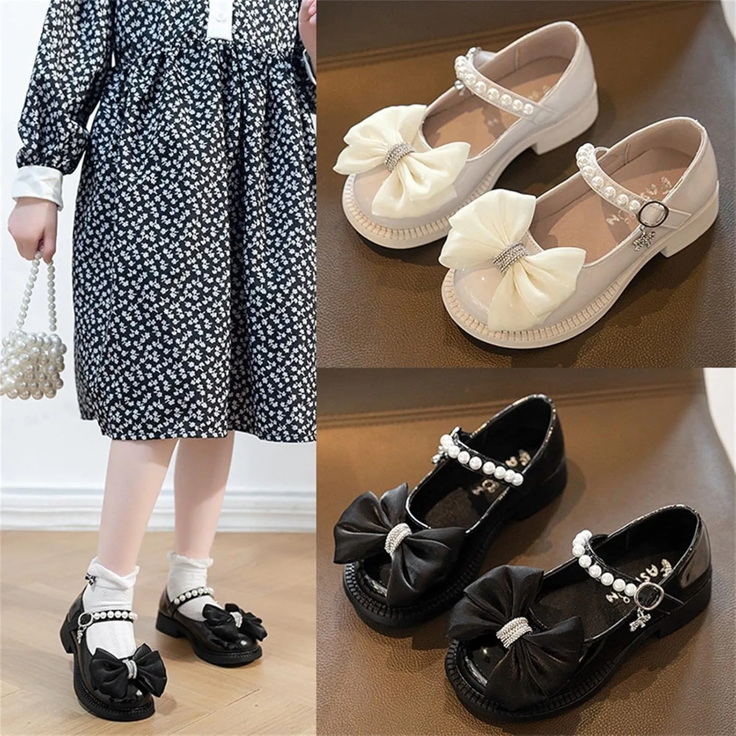 Kids Babygirls Leather Shoes Summer Soft Bottom Pearl Bow with Dress Princess Dressup Play Clothes for Little Girls (Black, 3 Big Kids)
