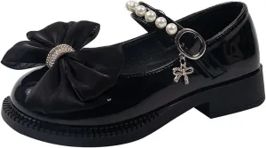 Kids Babygirls Leather Shoes Summer Soft Bottom Pearl Bow with Dress Princess Dressup Play Clothes for Little Girls (Black, 3 Big Kids)