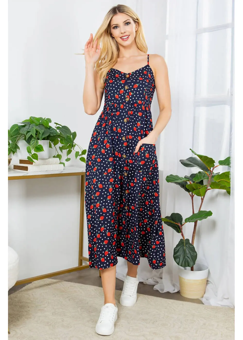 LA Soul Misty Strawberry Polkadot Maxi Dress Navy