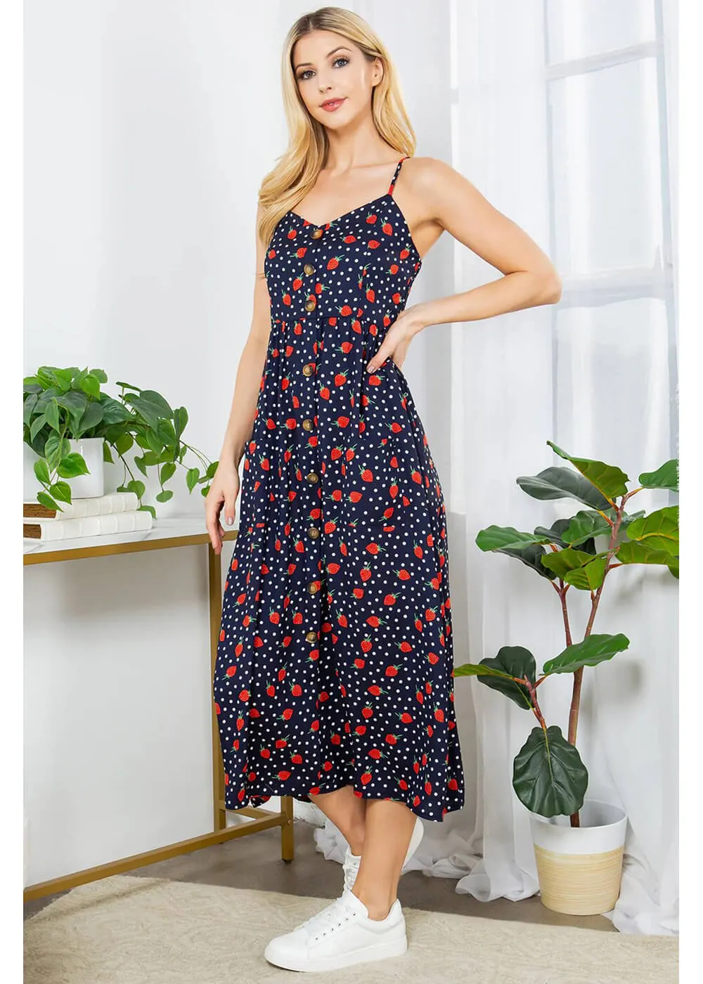 LA Soul Misty Strawberry Polkadot Maxi Dress Navy