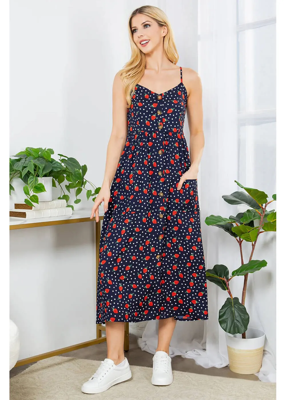LA Soul Misty Strawberry Polkadot Maxi Dress Navy