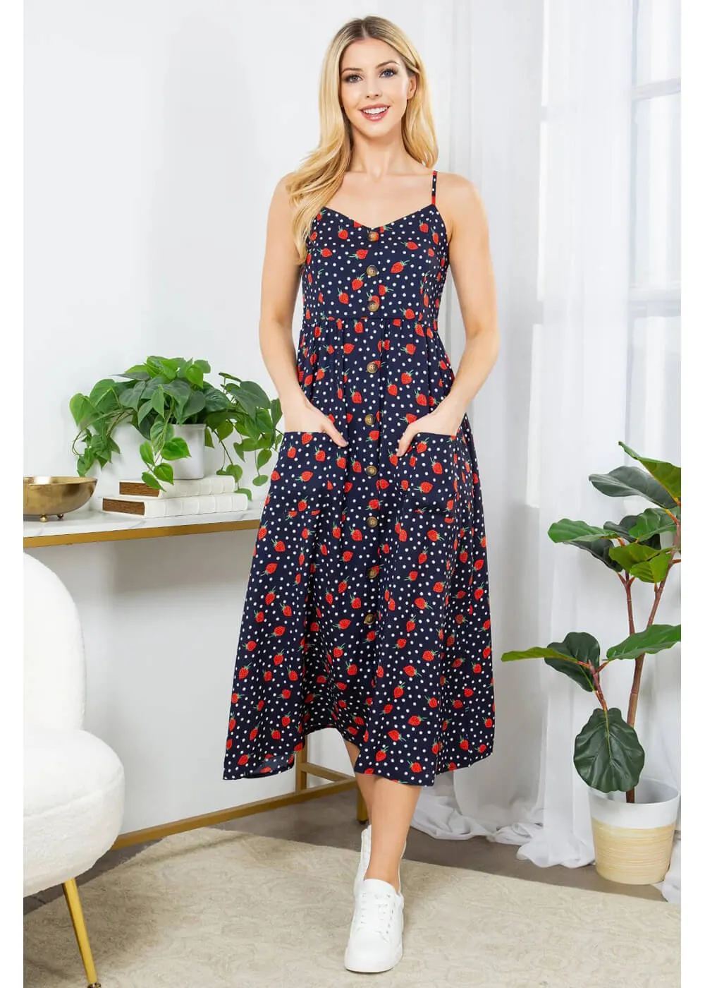 LA Soul Misty Strawberry Polkadot Maxi Dress Navy
