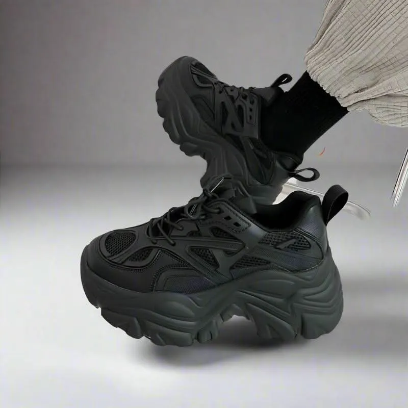 Leather Chunky Black Sneakers for Women