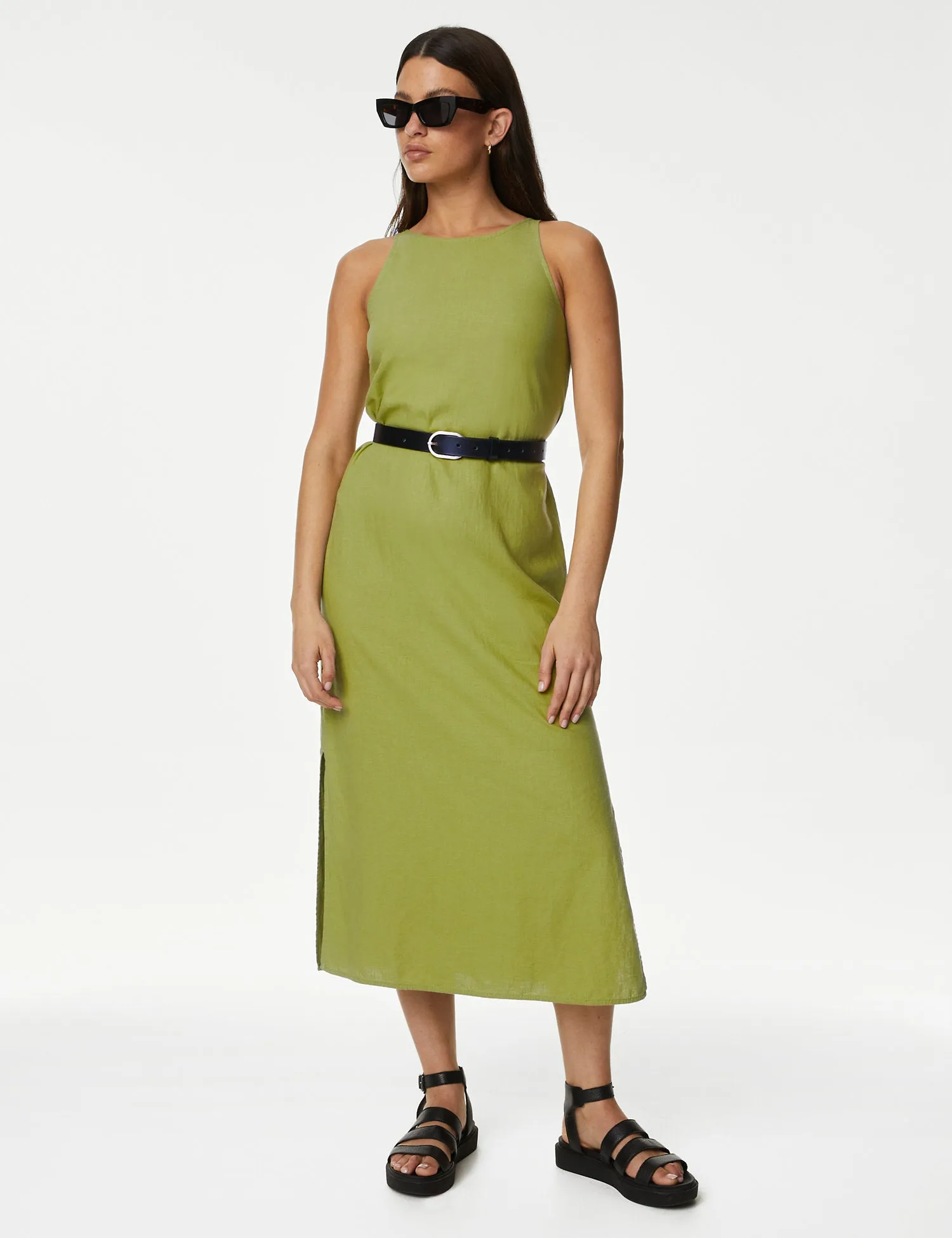 Linen Rich High Neck Midi Slip Dress