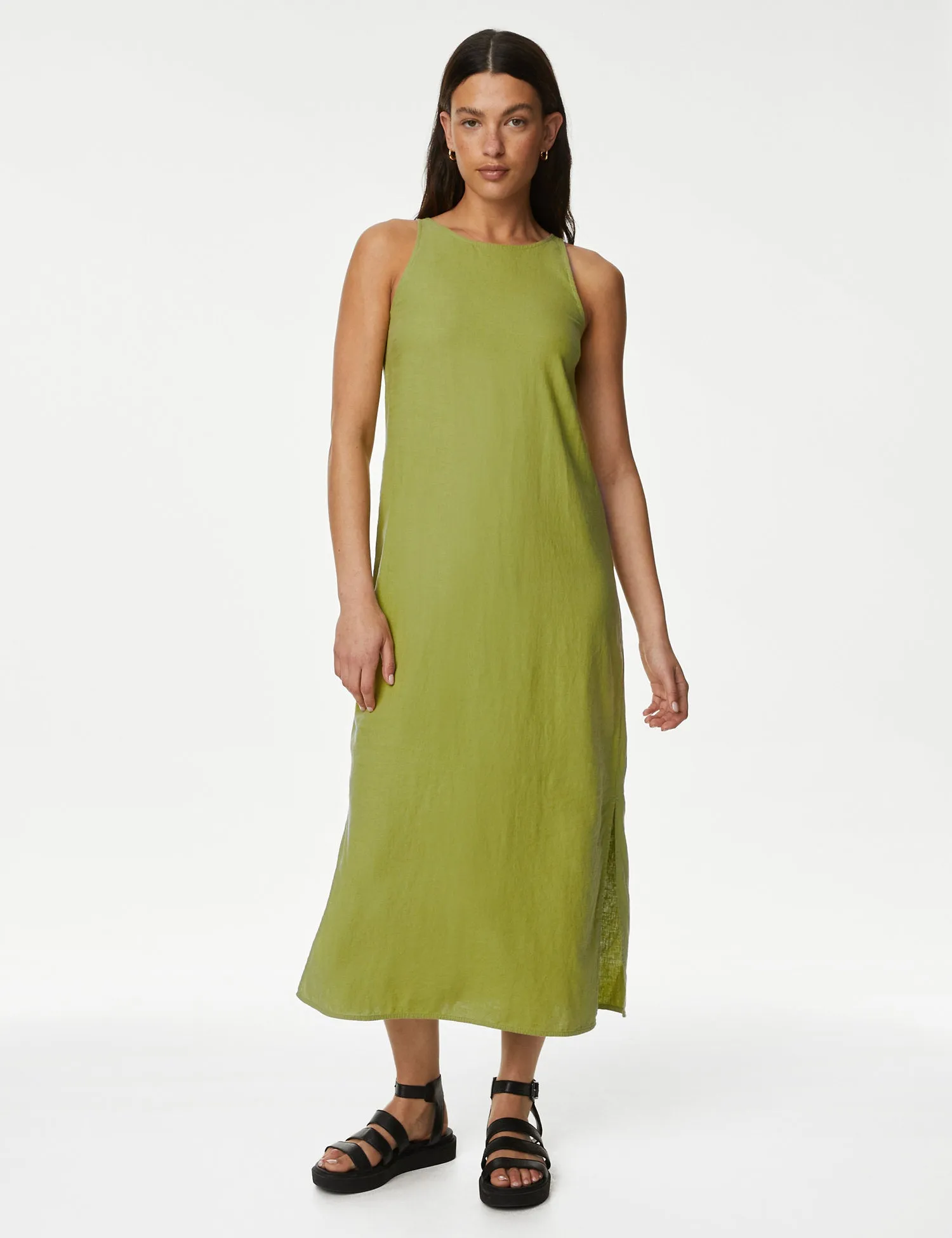 Linen Rich High Neck Midi Slip Dress