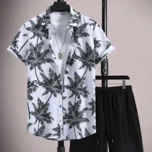 Men's Casual Ice Silk Printed Short-Sleeve Shirt & Shorts Set – Summer Sports Outfit