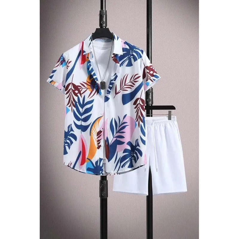 Men's Casual Ice Silk Printed Short-Sleeve Shirt & Shorts Set – Summer Sports Outfit