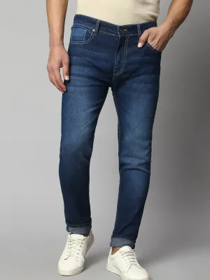Men's Slim Fit Stretchable Dark Blue Denim Jeans With 5 Pockets And Buttoned Waist