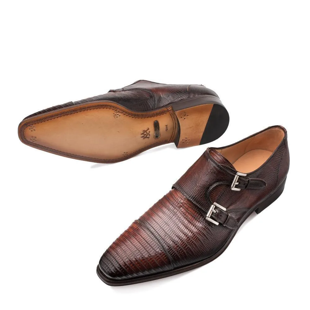 Mezlan Argentum Men's Shoes Cognac Exotic Lizard-Skin Cap-Toe Monk-Straps Loafers (MZS3195)