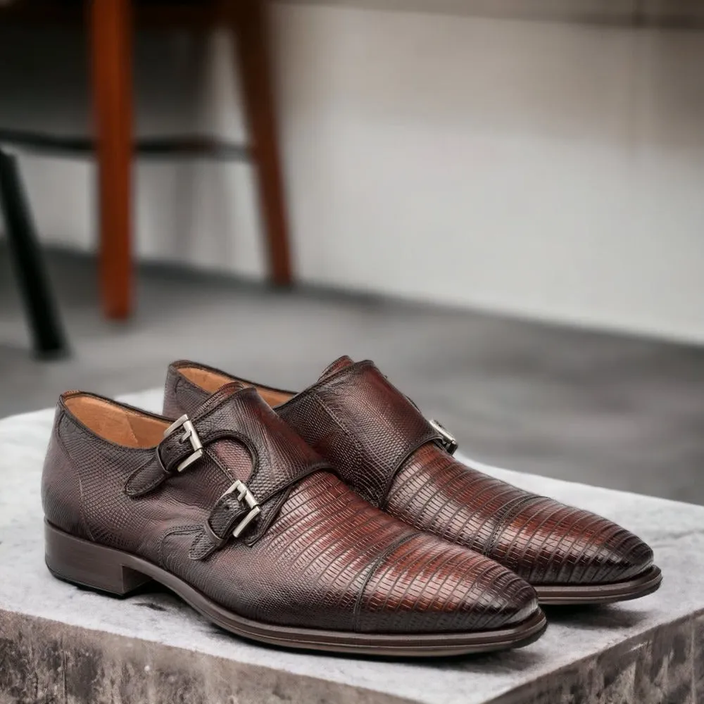 Mezlan Argentum Men's Shoes Cognac Exotic Lizard-Skin Cap-Toe Monk-Straps Loafers (MZS3195)