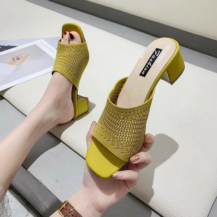 Mid Heel Sandals and Slippers for Women's Summer New Korean Edition Flying Weave Outerwear Fashion Women's Sandals and Slippers