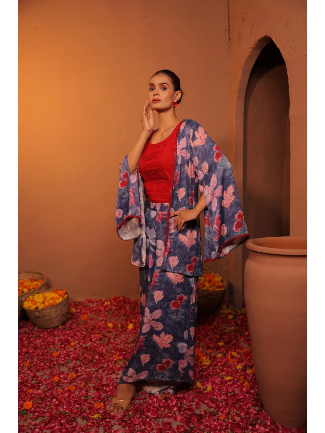 modish viscose royal satin aquatic print cape, cotton flex zig-zag pin-tucks inner alomg with comfy slip-ons  - Blue