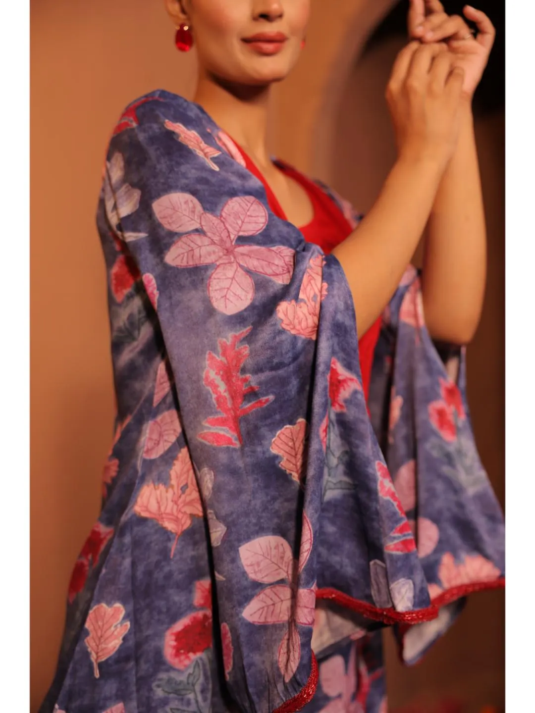 modish viscose royal satin aquatic print cape, cotton flex zig-zag pin-tucks inner alomg with comfy slip-ons  - Blue