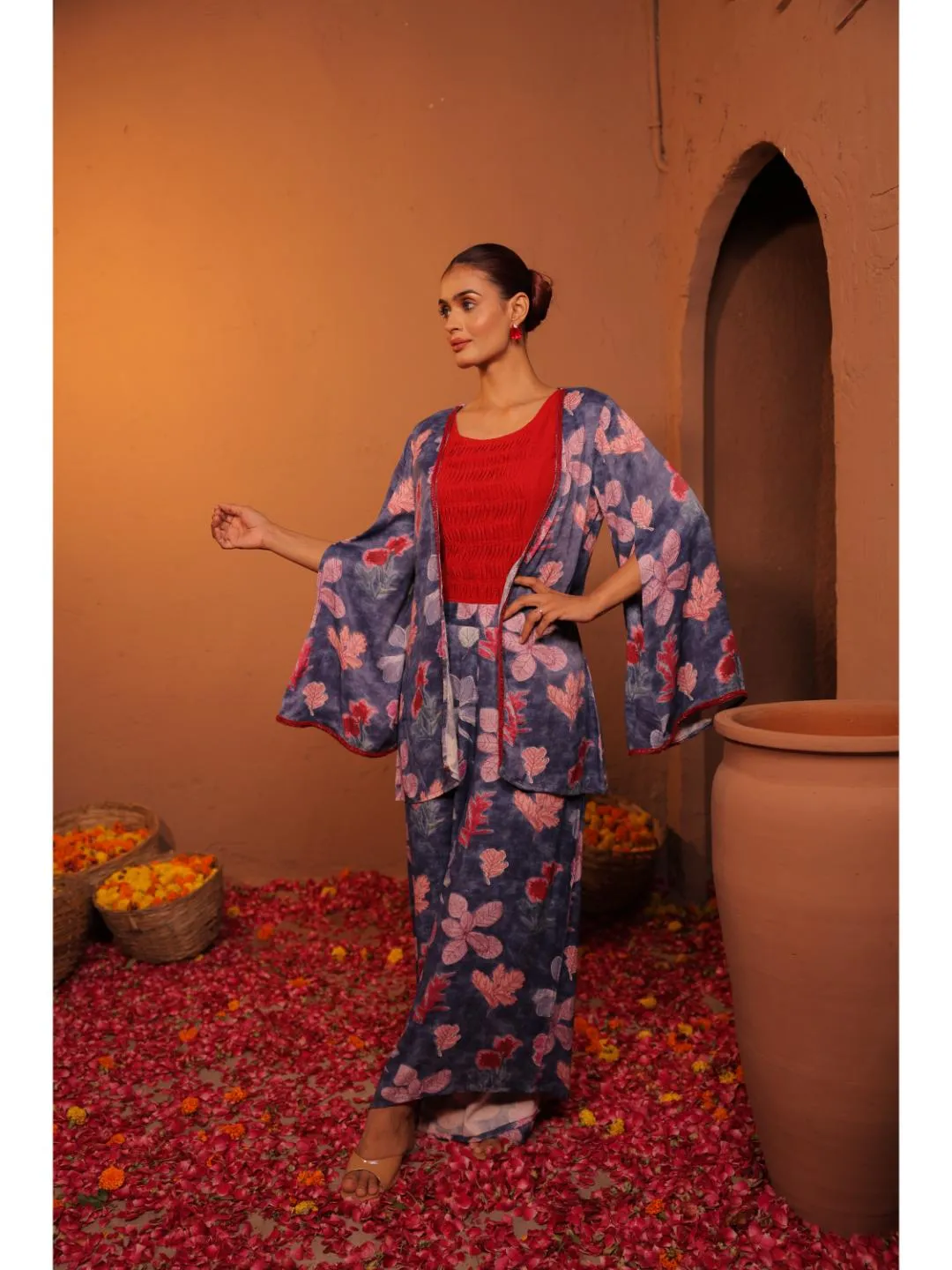 modish viscose royal satin aquatic print cape, cotton flex zig-zag pin-tucks inner alomg with comfy slip-ons  - Blue