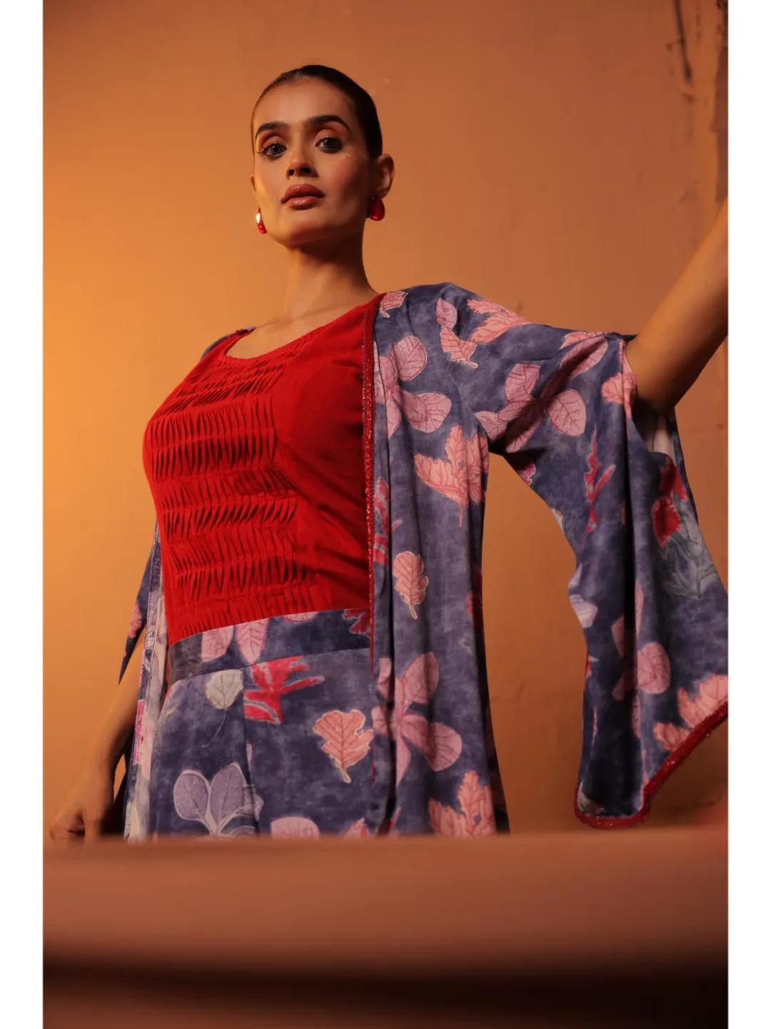 modish viscose royal satin aquatic print cape, cotton flex zig-zag pin-tucks inner alomg with comfy slip-ons  - Blue
