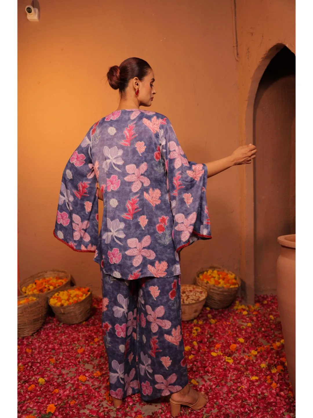 modish viscose royal satin aquatic print cape, cotton flex zig-zag pin-tucks inner alomg with comfy slip-ons  - Blue