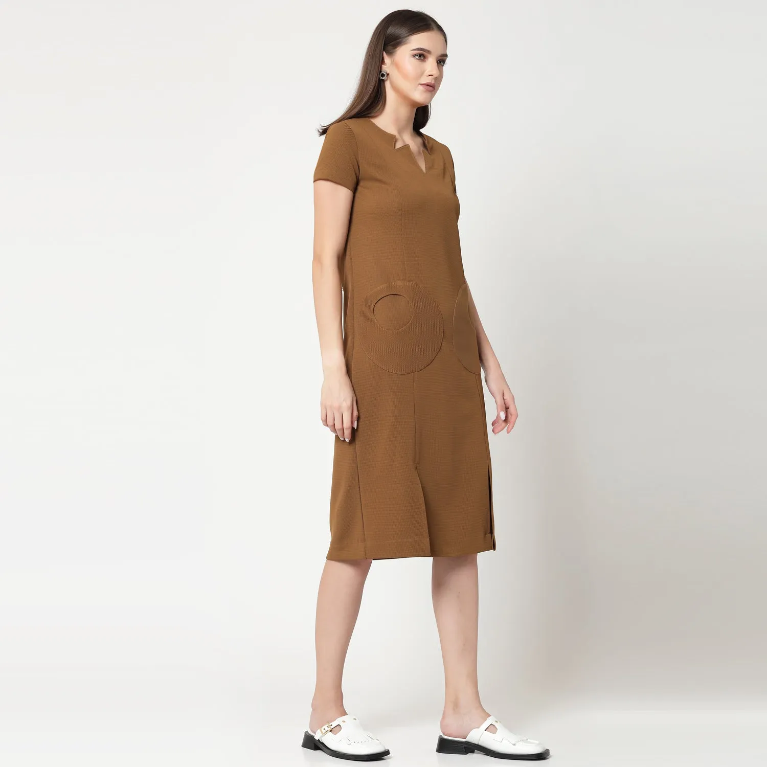 Mustard Lycra Dress With Round Pocket