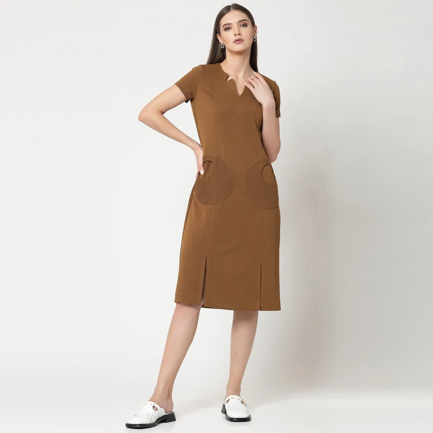 Mustard Lycra Dress With Round Pocket